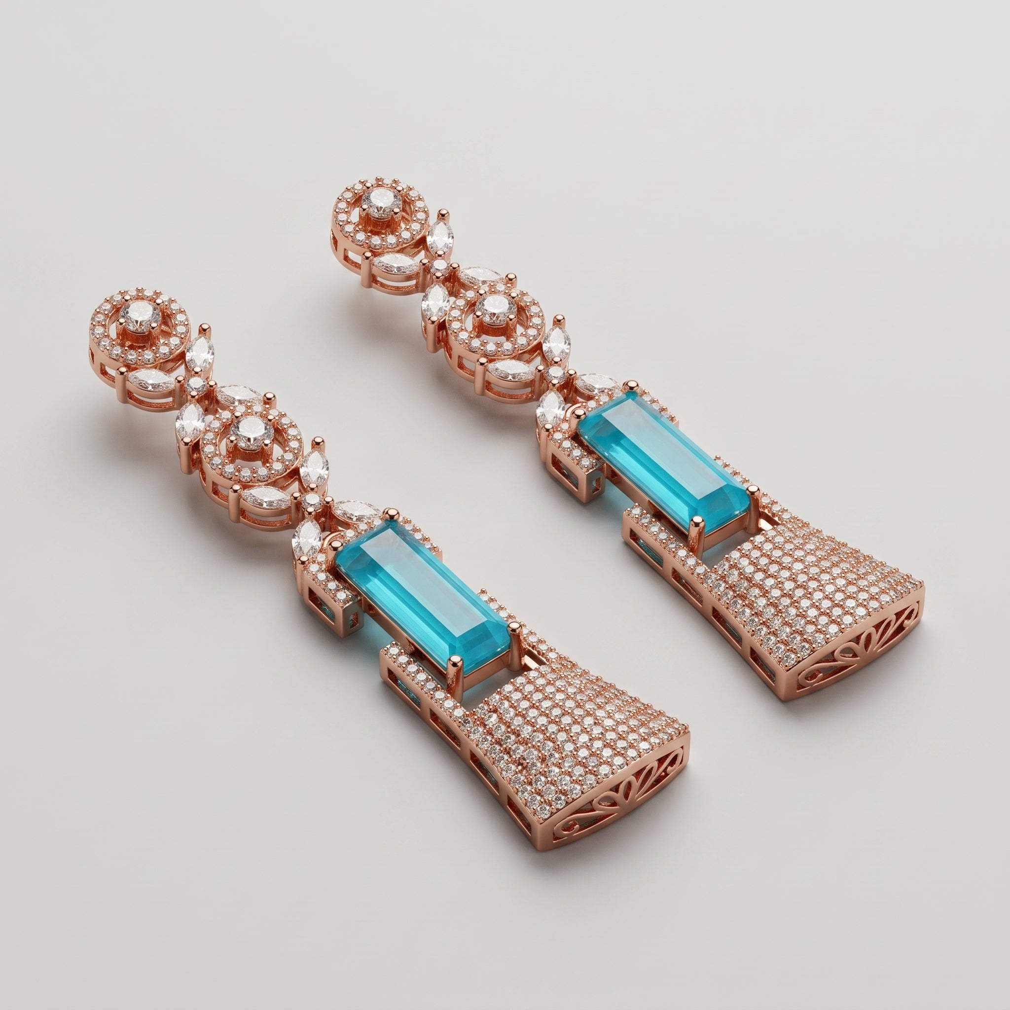Rani Firoza Earrings detail showing marquise links blue center stone and pavé fan base