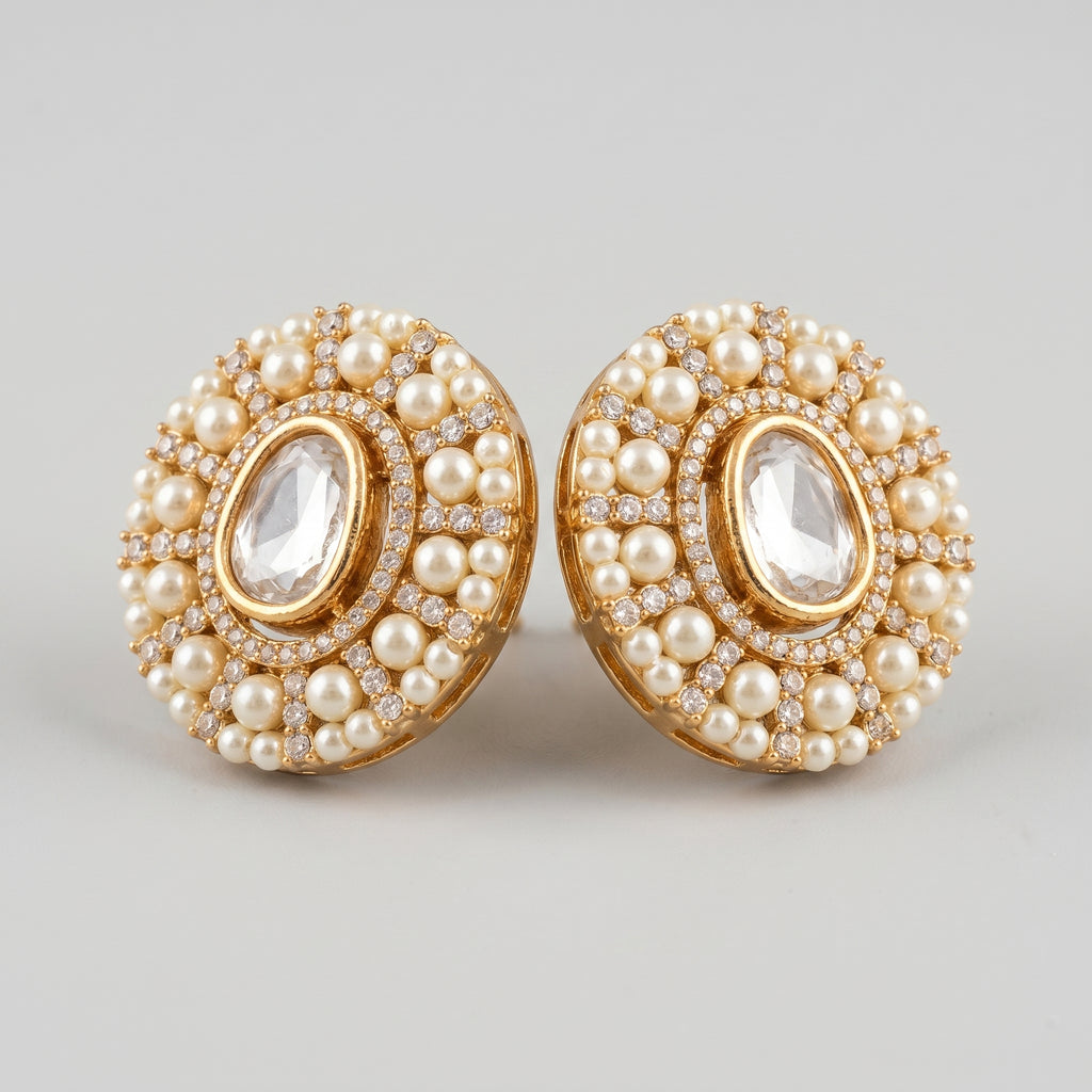 Kundan Pearl Earrings detail showing faceted clear stone, pearl cluster rim, and small crystal accents