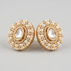 Kundan Pearl Earrings detail showing faceted clear stone, pearl cluster rim, and small crystal accents