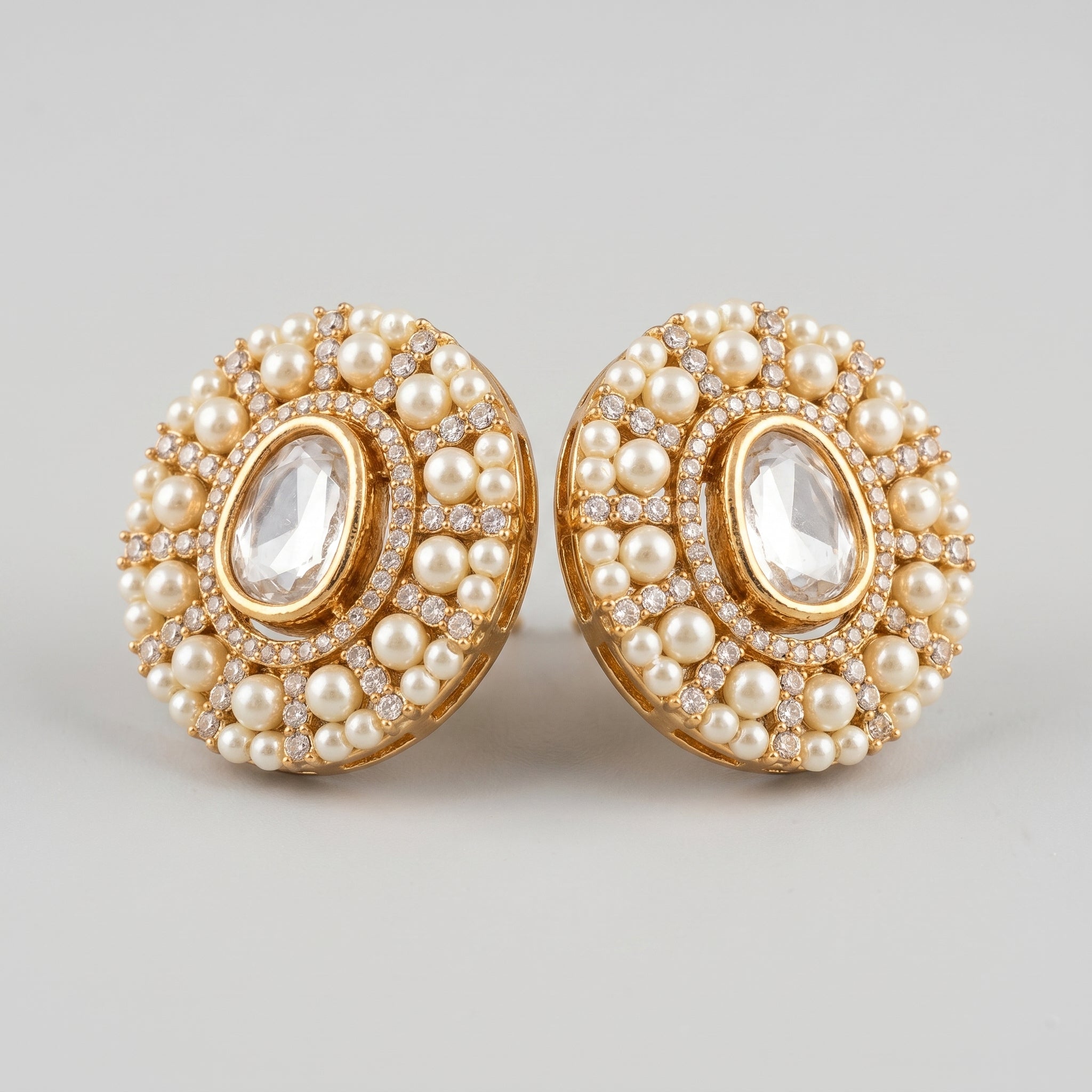 Kundan Pearl Earrings detail showing faceted clear stone, pearl cluster rim, and small crystal accents