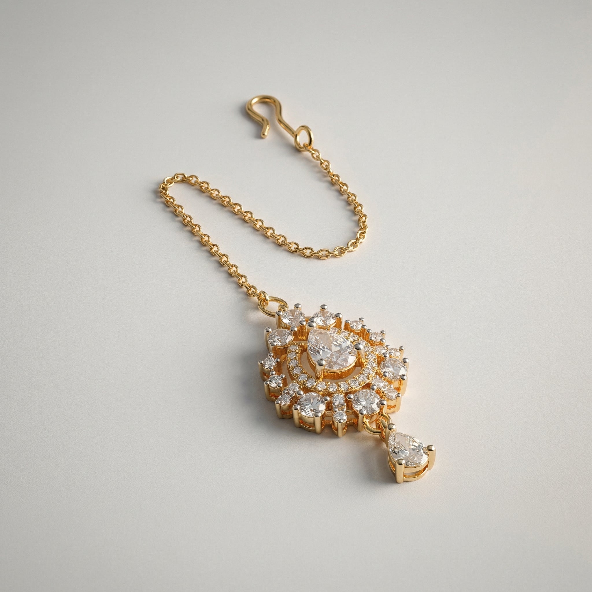 Riya Pear Tikka detail showing marquise crystal border and single bottom pear drop