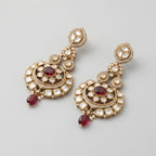 Kundan Ruby Earrings detail showing ruby oval and pearl accents