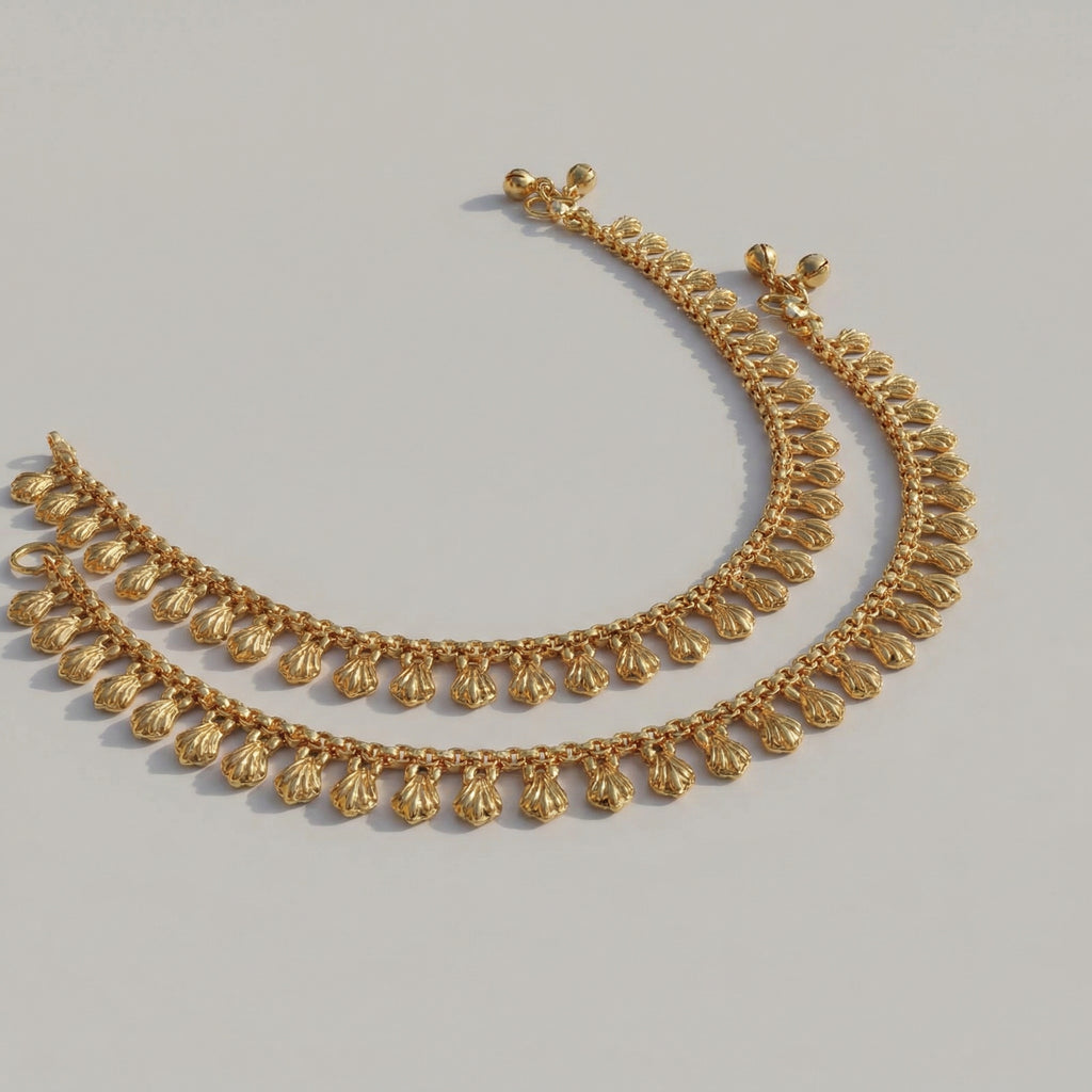 Apsara Ghunghroo Anklet pair of gold-tone shell charm payals with bells