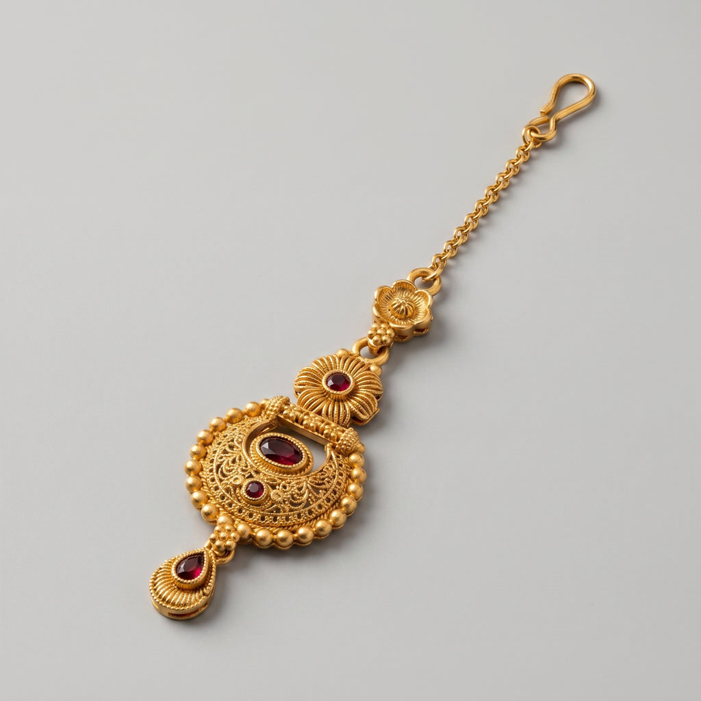 Padma Crimson Tikka detail showing granulated circular pendant and crimson teardrop dangle