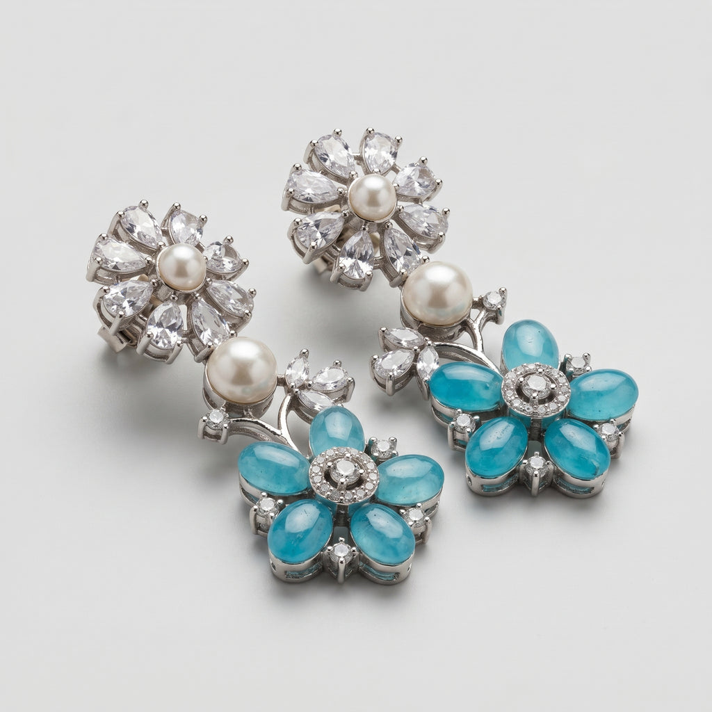 Moti Firoza Earrings detail showing pearl stud marquise leaf branches and blue petal flower drop