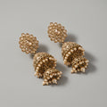 Rani Moti Earrings antique gold-tone double jhumka earrings with pearl fringe on gray background