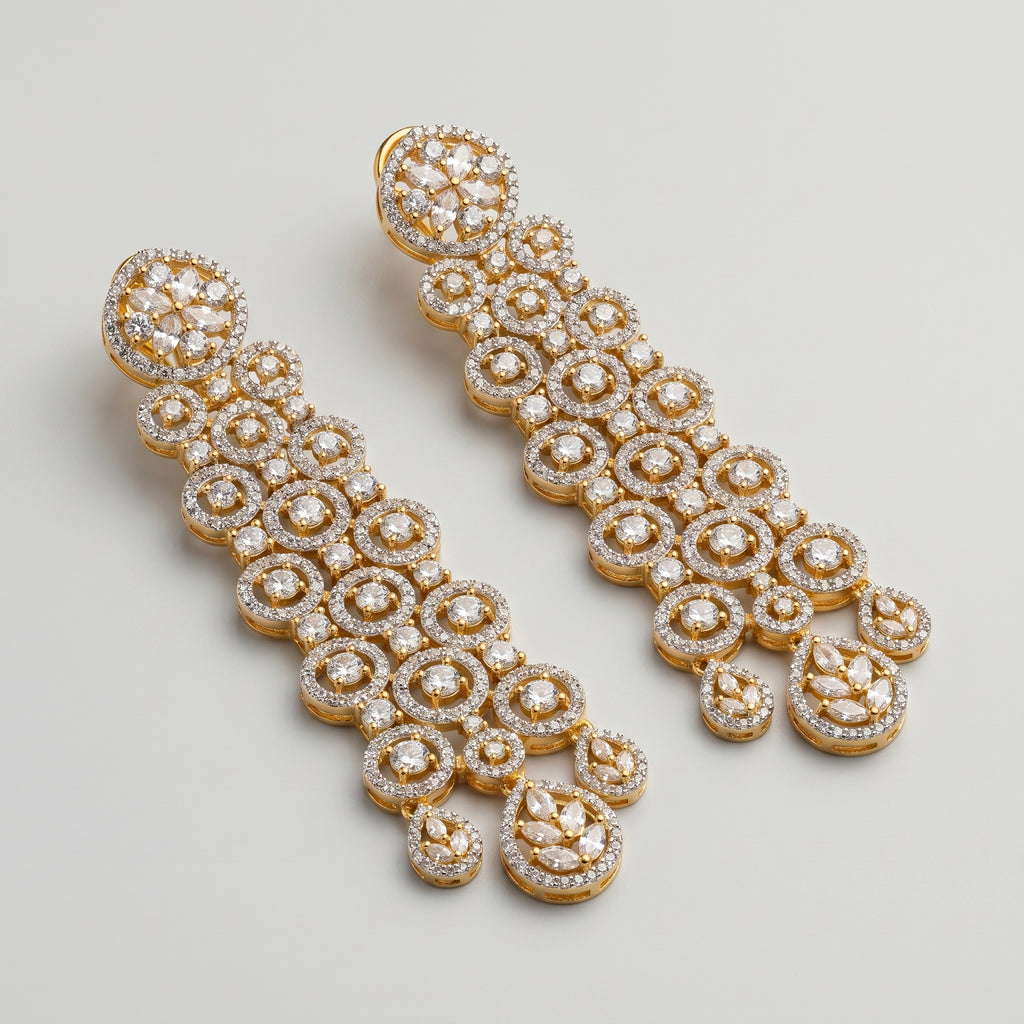 Rani Cascade Earrings detail showing stacked circle tiers and triple teardrop dangles
