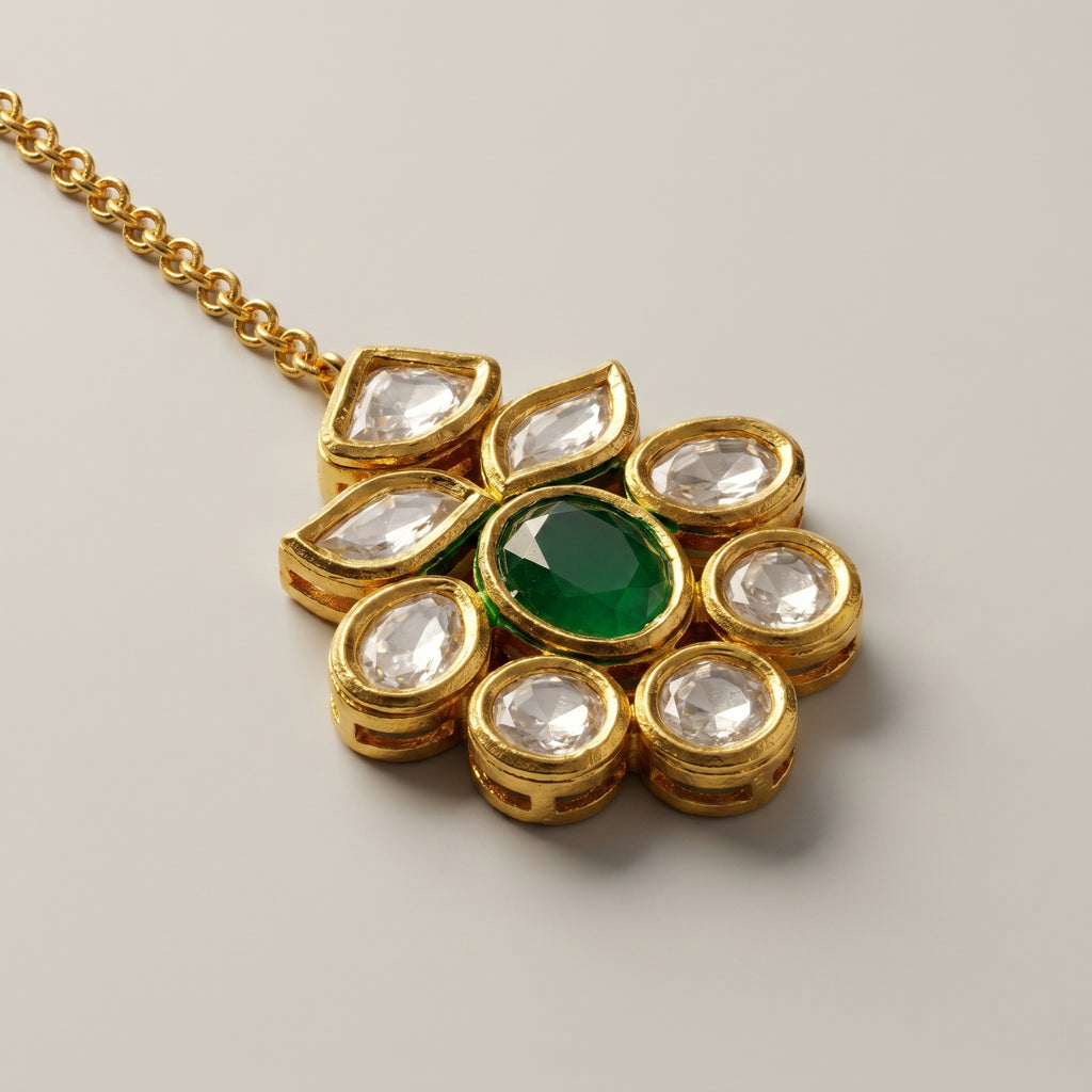 Panna Jadau Tikka detail showing oval emerald-green stone and six clear teardrop kundan accents