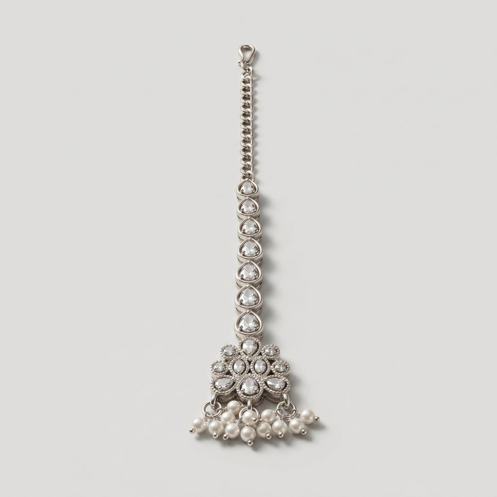 Zara Crystal Tikka detail showing mandala pendant and pearl drops