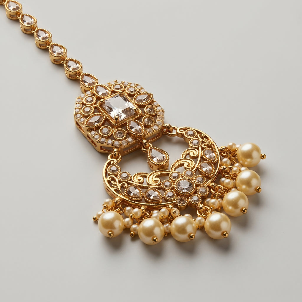 Kundan Pearl Tikka detail showing filigree crescent and graduated pearl fringe