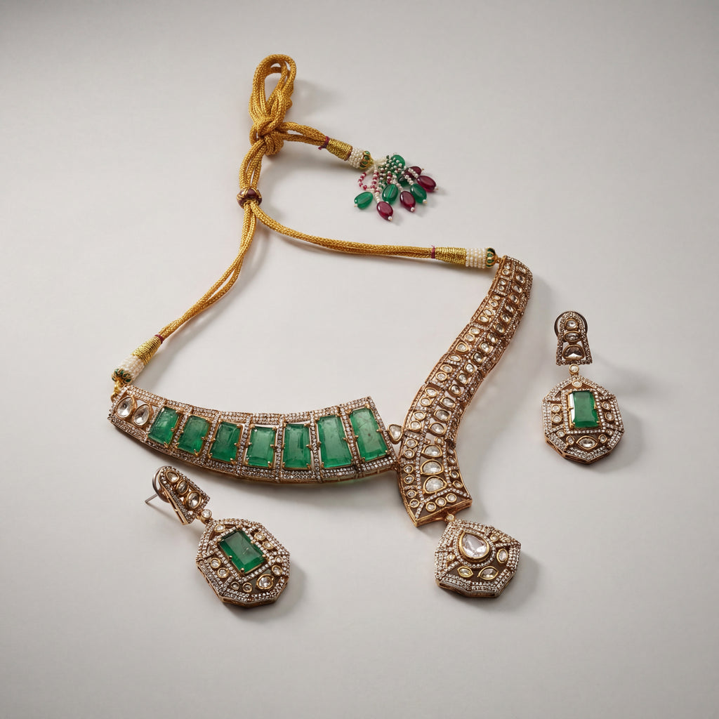 Jadau Emerald Necklace Set detail of kite pendant and rectangular emerald motifs