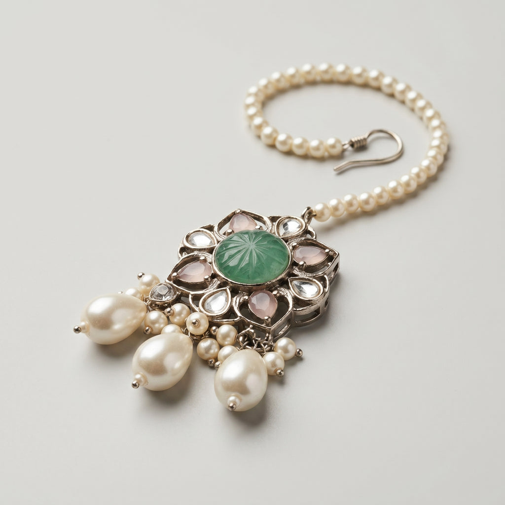 Firozi Pearl Tikka detail showing carved green floral pendant with pink teardrop stones and pearl dangles