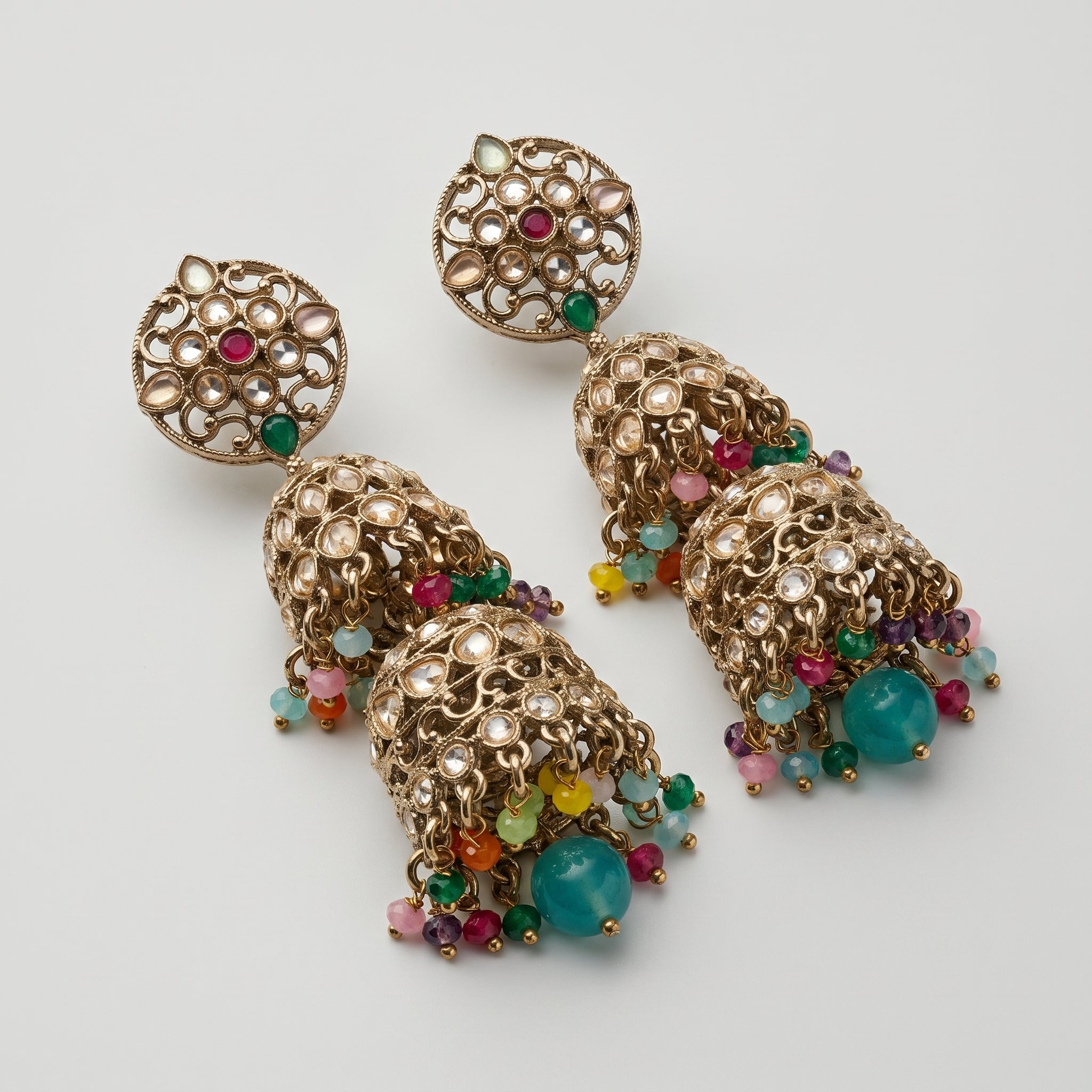 Kundan Multicolor Earrings detail showing polki tiers and colorful dangles