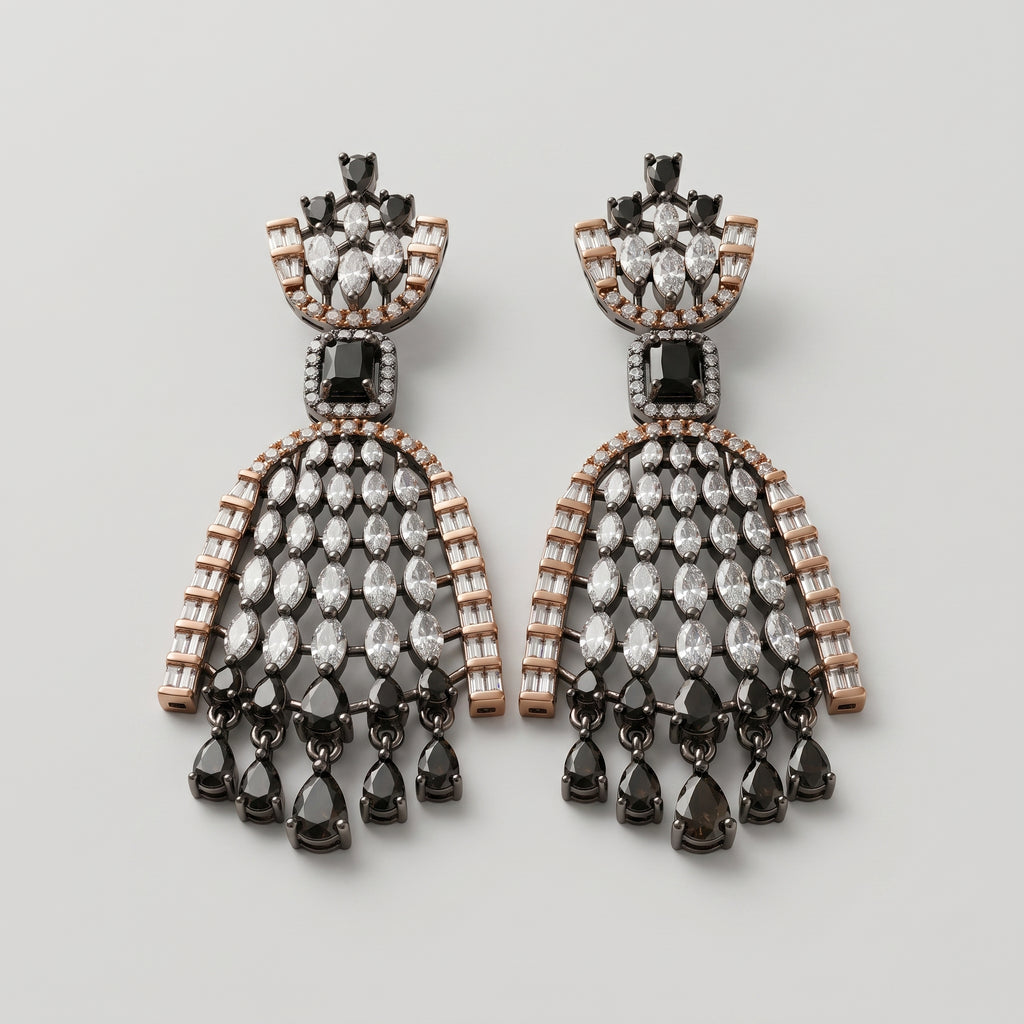 Kala Jhalar Earrings detail showing marquise lattice arch rose gold baguette border and black pear dangles