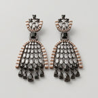 Kala Jhalar Earrings detail showing marquise lattice arch rose gold baguette border and black pear dangles