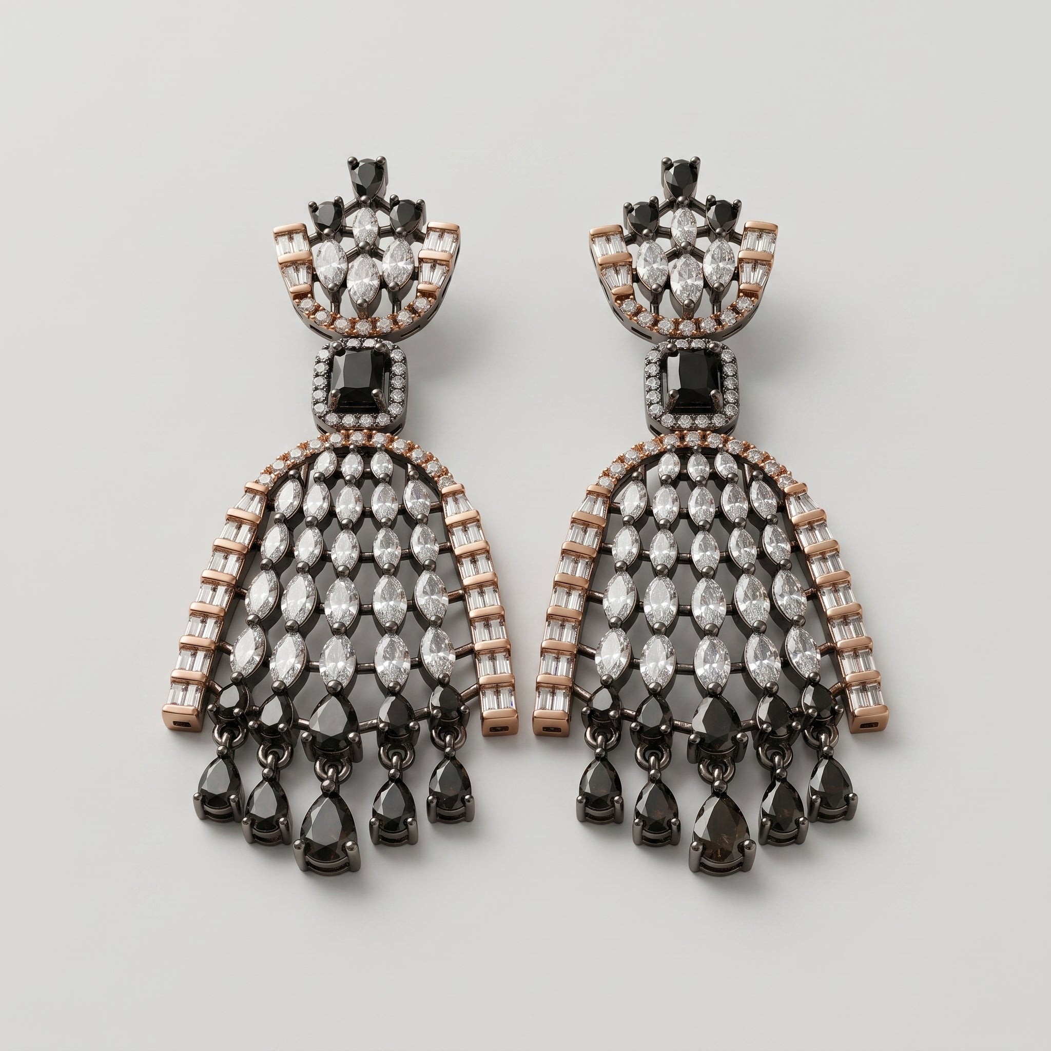 Kala Jhalar Earrings detail showing marquise lattice arch rose gold baguette border and black pear dangles