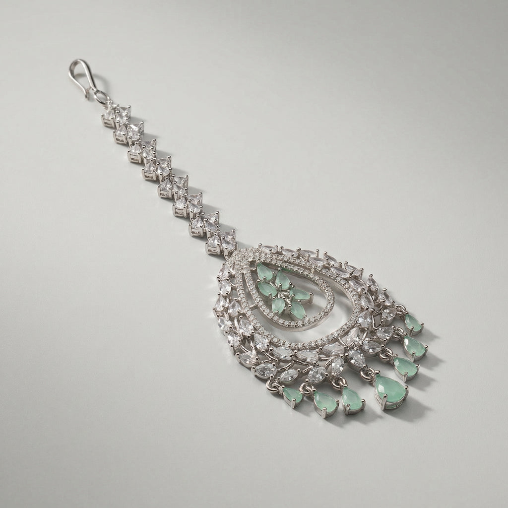Zara Mint Tikka detail showing marquise crystal chain, mint floral center, and seven green teardrop drops