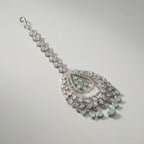 Zara Mint Tikka detail showing marquise crystal chain, mint floral center, and seven green teardrop drops