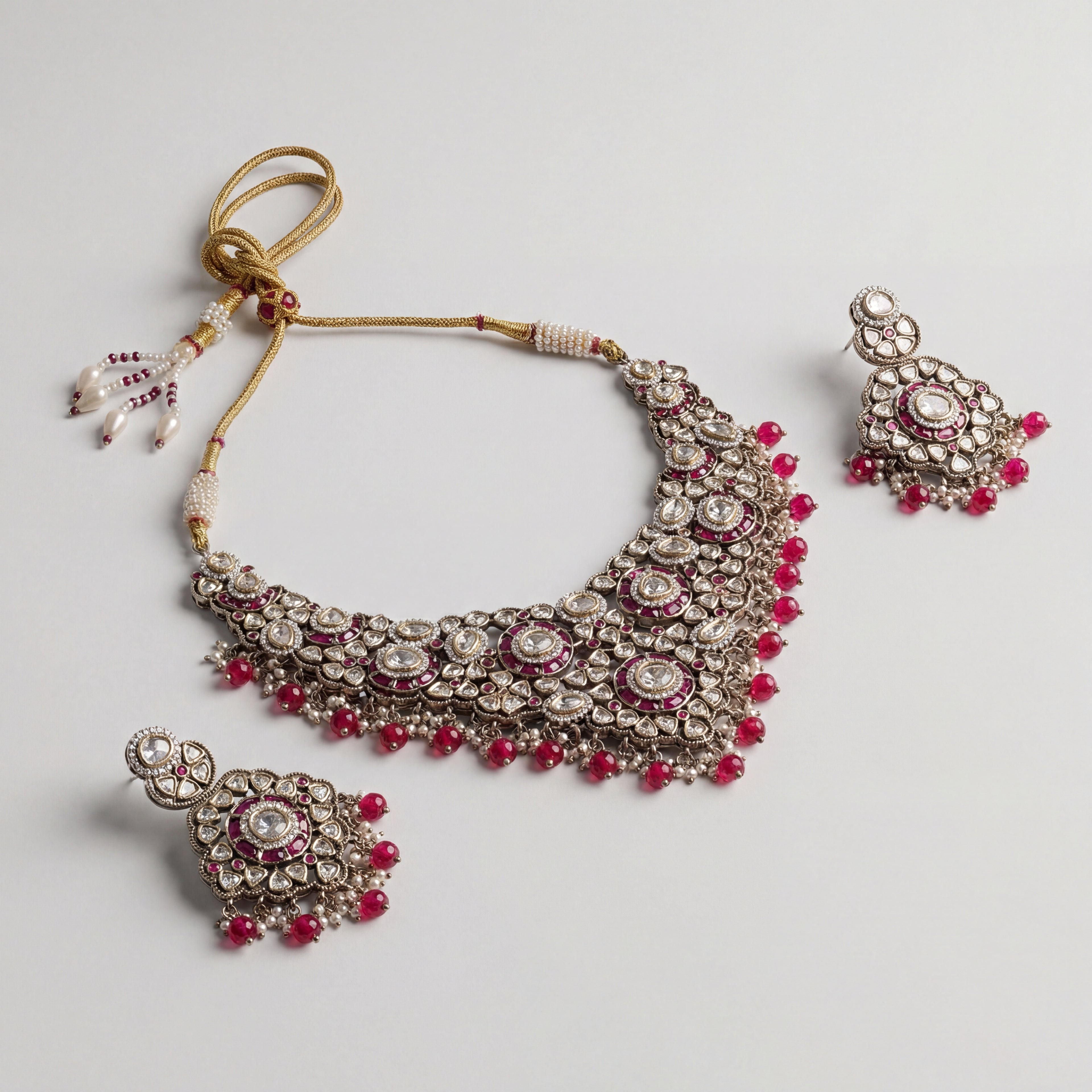 Aira Ruby Necklace Set detail showing clear polki filigree and ruby-red teardrop bead fringe