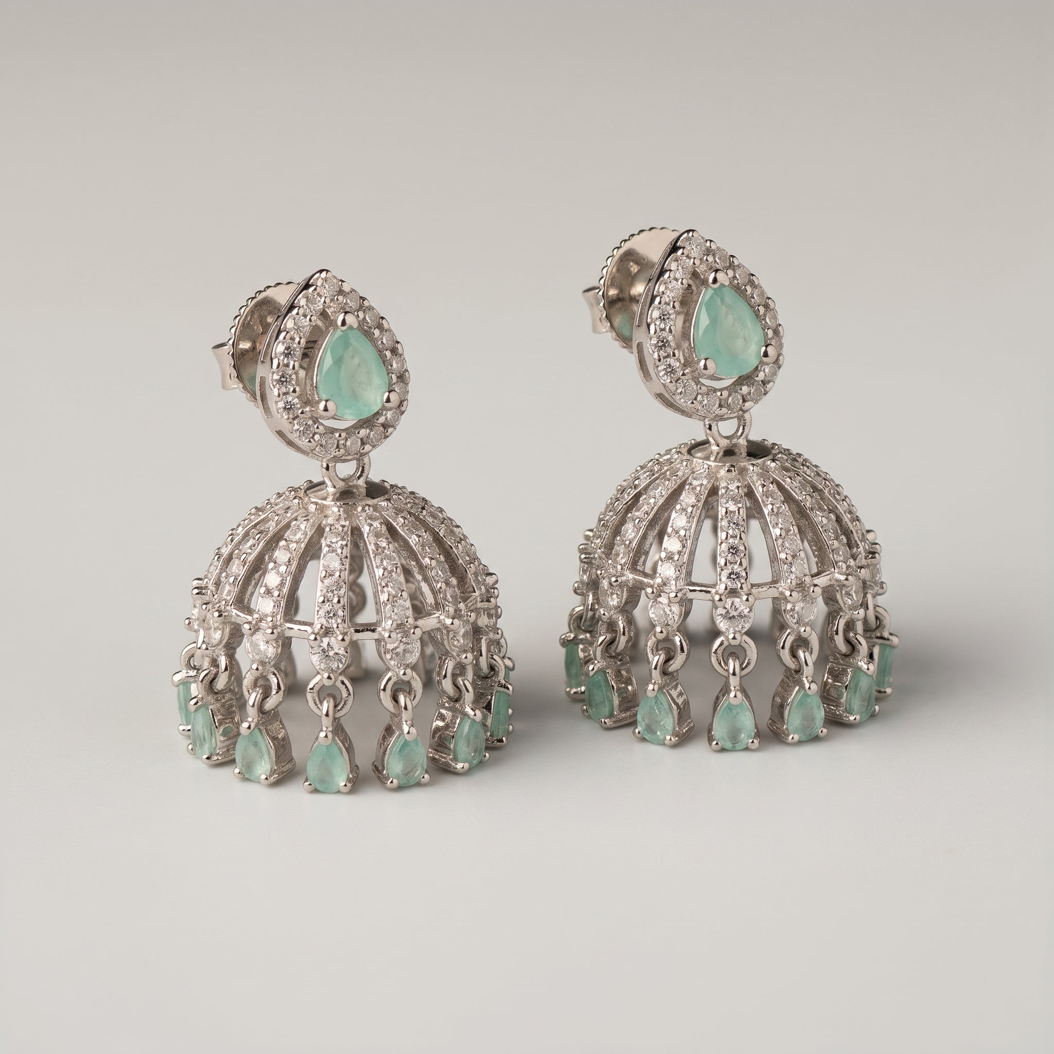 Aira Mint Earrings rhodium mint jhumkas with teardrop charms