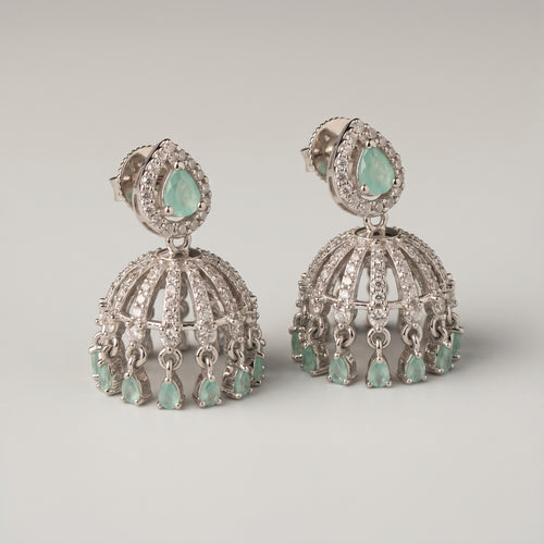 Aira Mint Earrings rhodium mint jhumkas with teardrop charms