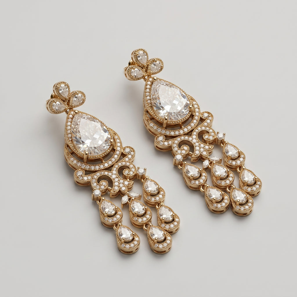 Apsara Teardrop Earrings detail showing filigree center and pear drops