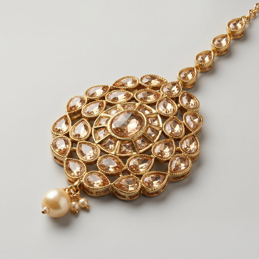 Polki Kundan Tikka detail showing teardrop chain floral medallion and pearl cluster