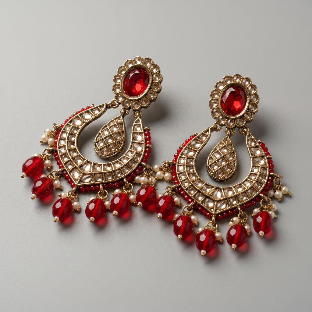 Jadau Ruby Earrings detail showing red oval stud kundan grid crescent and red bead pearl drops