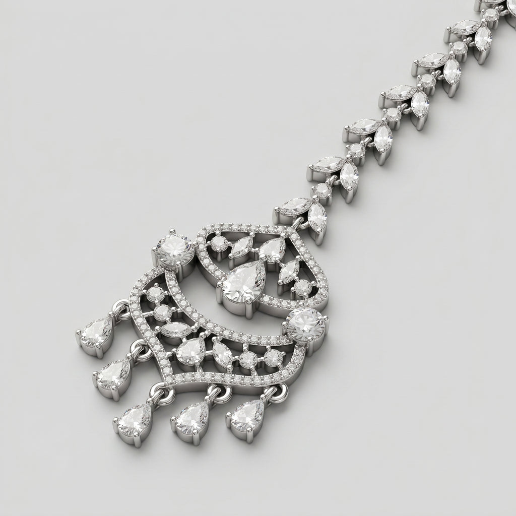 Rani Crystal Tikka detail showing arched pear center crescent tier and five drops