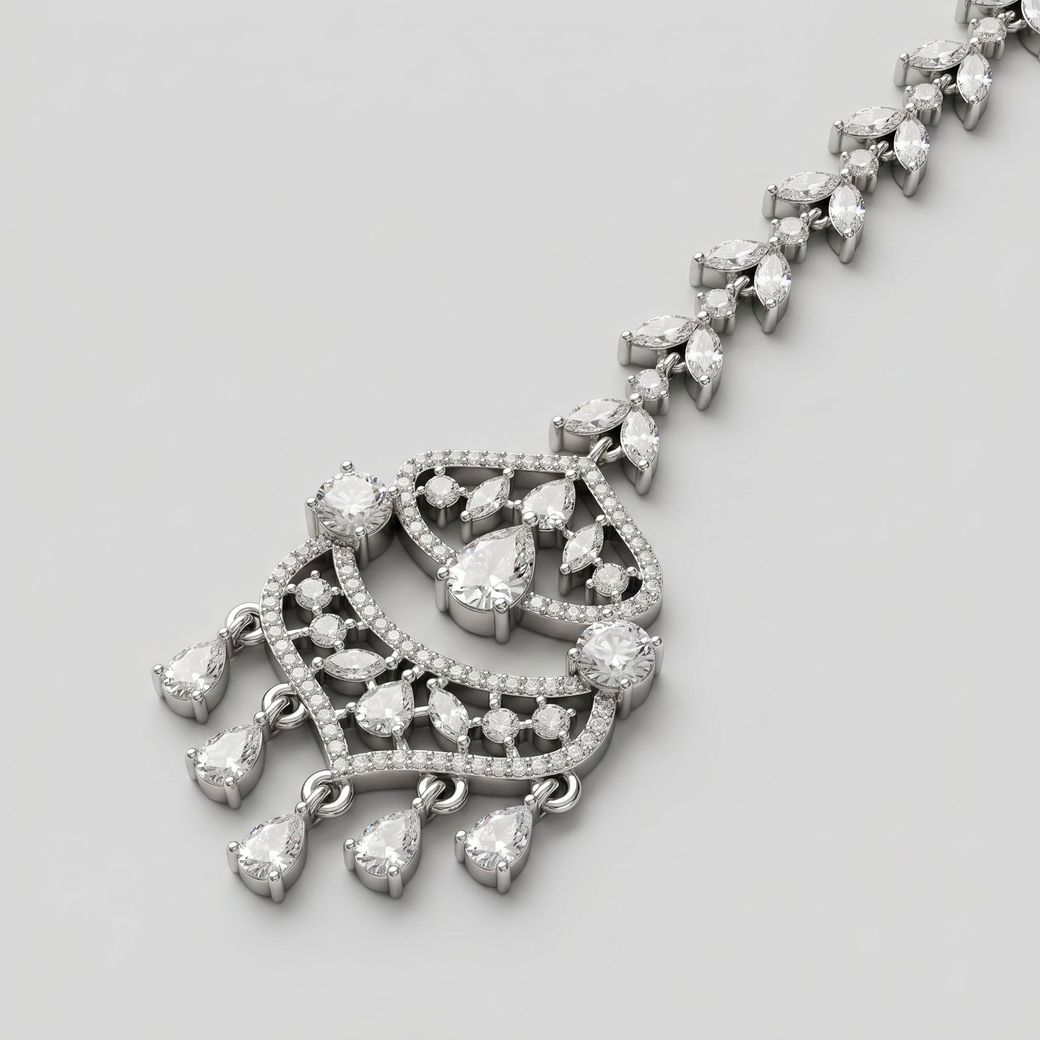 Rani Crystal Tikka detail showing arched pear center crescent tier and five drops