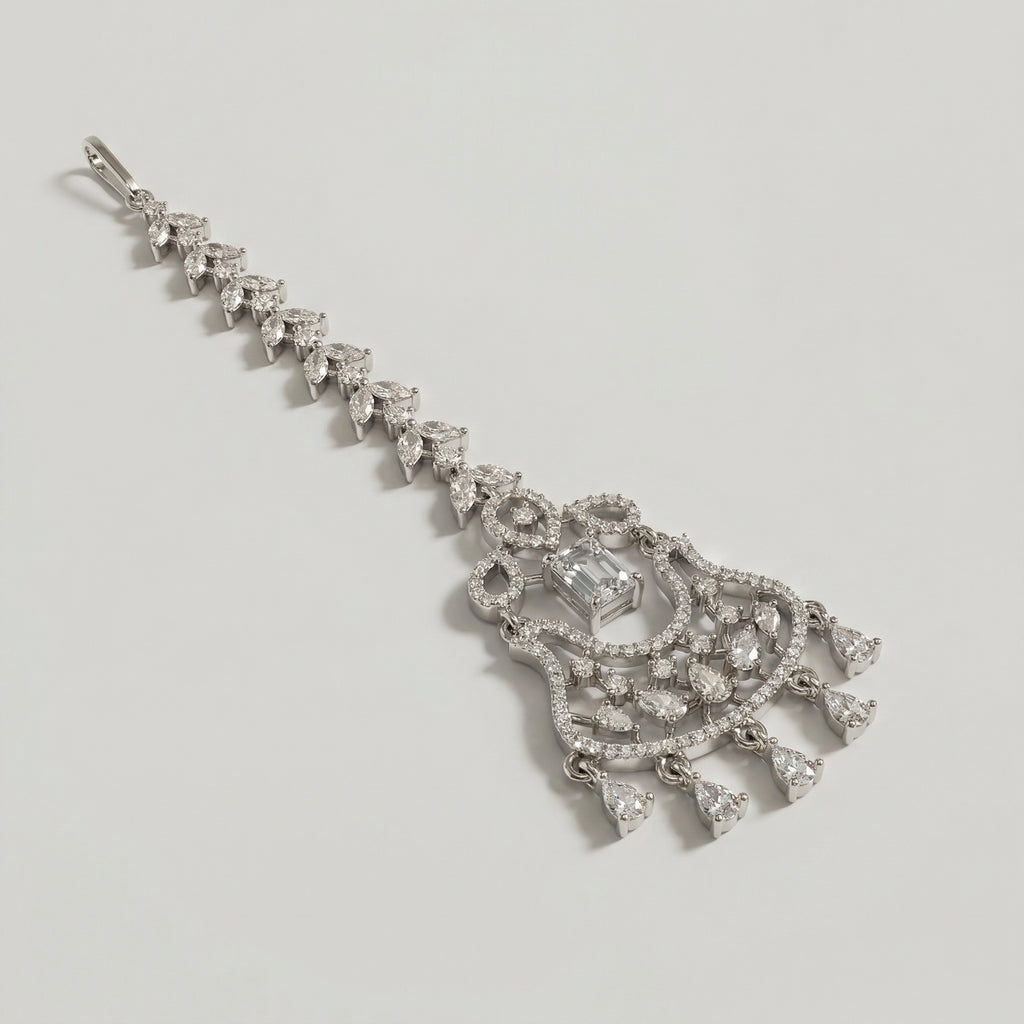 Crystal Drop Tikka detail showing chandelier pendant and five pear crystal teardrop dangles
