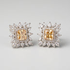 Citrine Square Earrings detail showing yellow emerald-cut center crystal halo and pear sunburst border