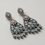 Aqua Leaf Earrings detail showing crystal floral connector teardrop leaf frame and fringe drops