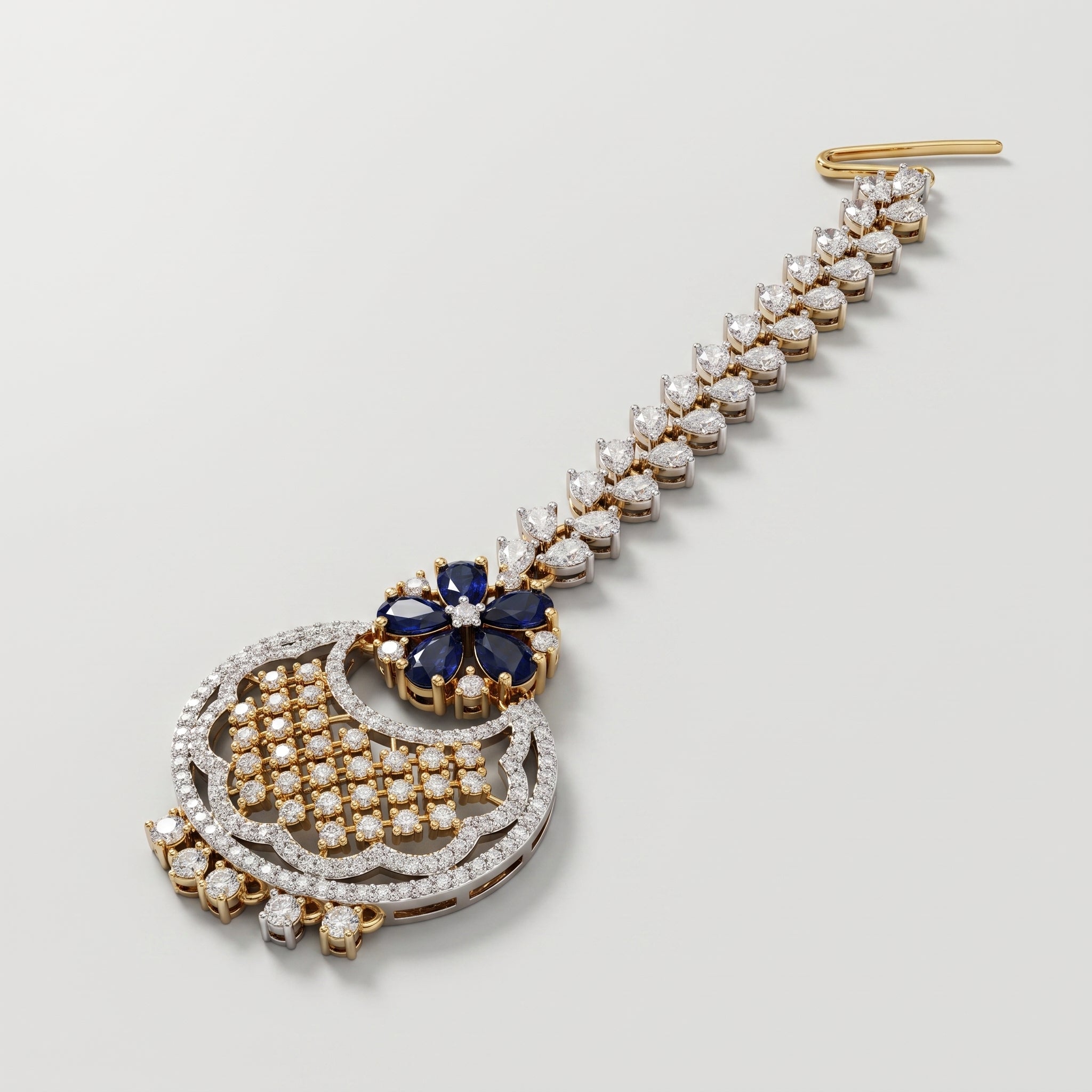 Rani Sapphire Tikka detail showing pear-link chain navy stones and lattice crescent drop fringe