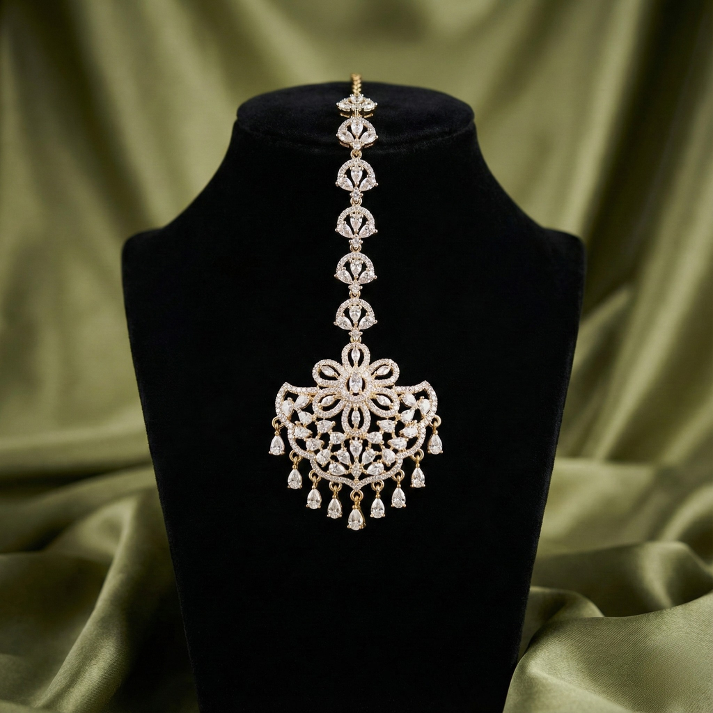 Crescent Lace Tikka detail of openwork lattice pendant and nine teardrop dangles