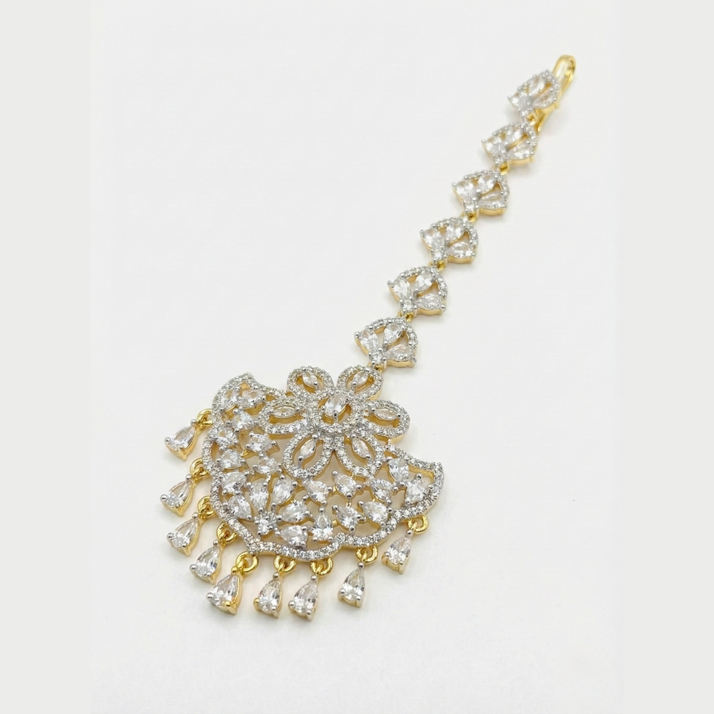 Crescent Lace Tikka detail of openwork lattice pendant and nine teardrop dangles