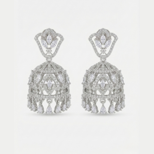 Aurelia Crystal Jhumkas rhodium-tone crystal jhumkas with marquise and teardrop dangles on gray background
