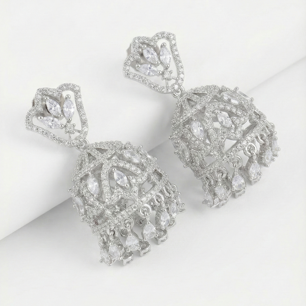 Aurelia Crystal Jhumkas detail showing pavé lattice bell and teardrop crystal fringe