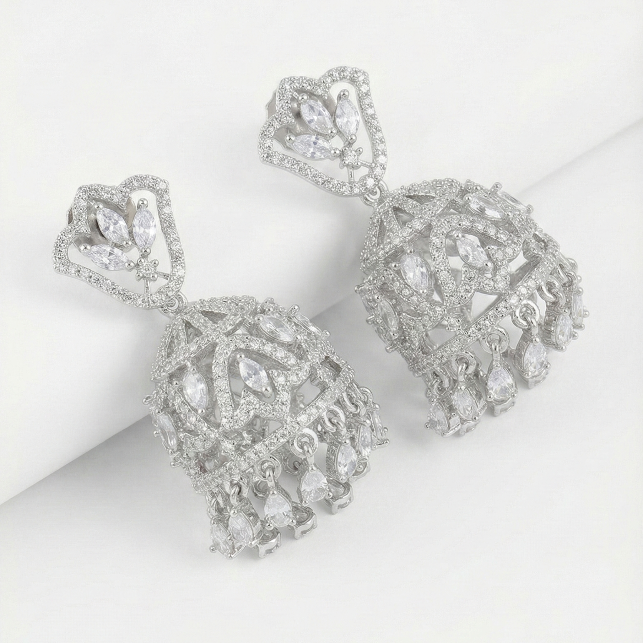 Aurelia Crystal Jhumkas detail showing pavé lattice bell and teardrop crystal fringe