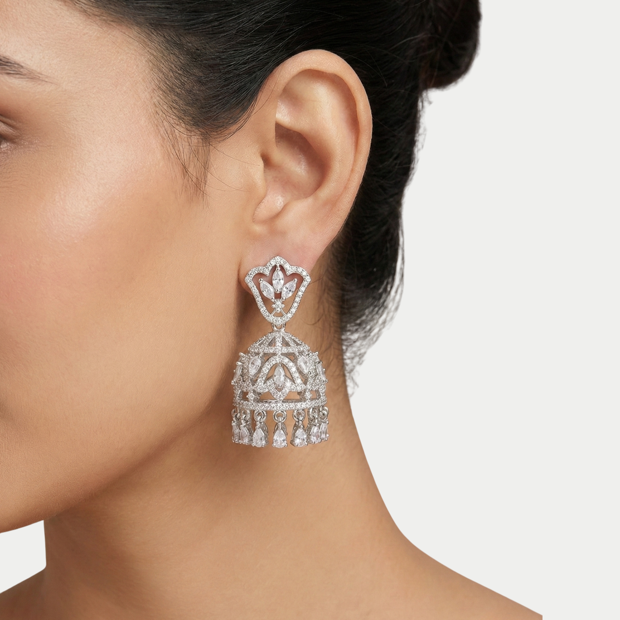 Aurelia Crystal Jhumkas detail showing pavé lattice bell and teardrop crystal fringe