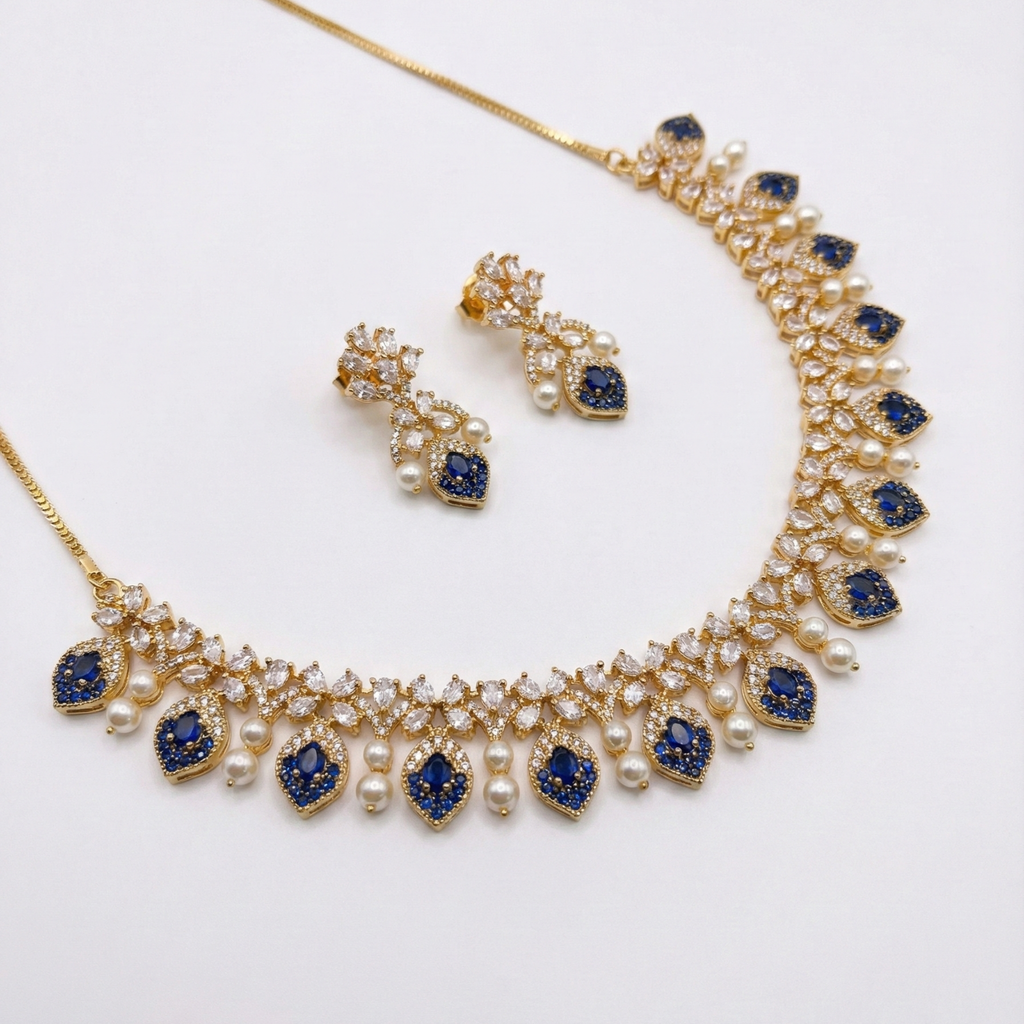 South Asian woman wearing Azure Pearl Glow Statement Set statement necklace with matching earrings — bridal look