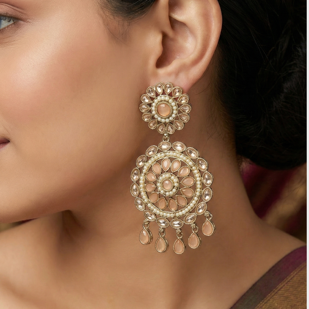 Close-up of Noor Mandala Drop Earrings showing ornate detailing and gold-plated finish