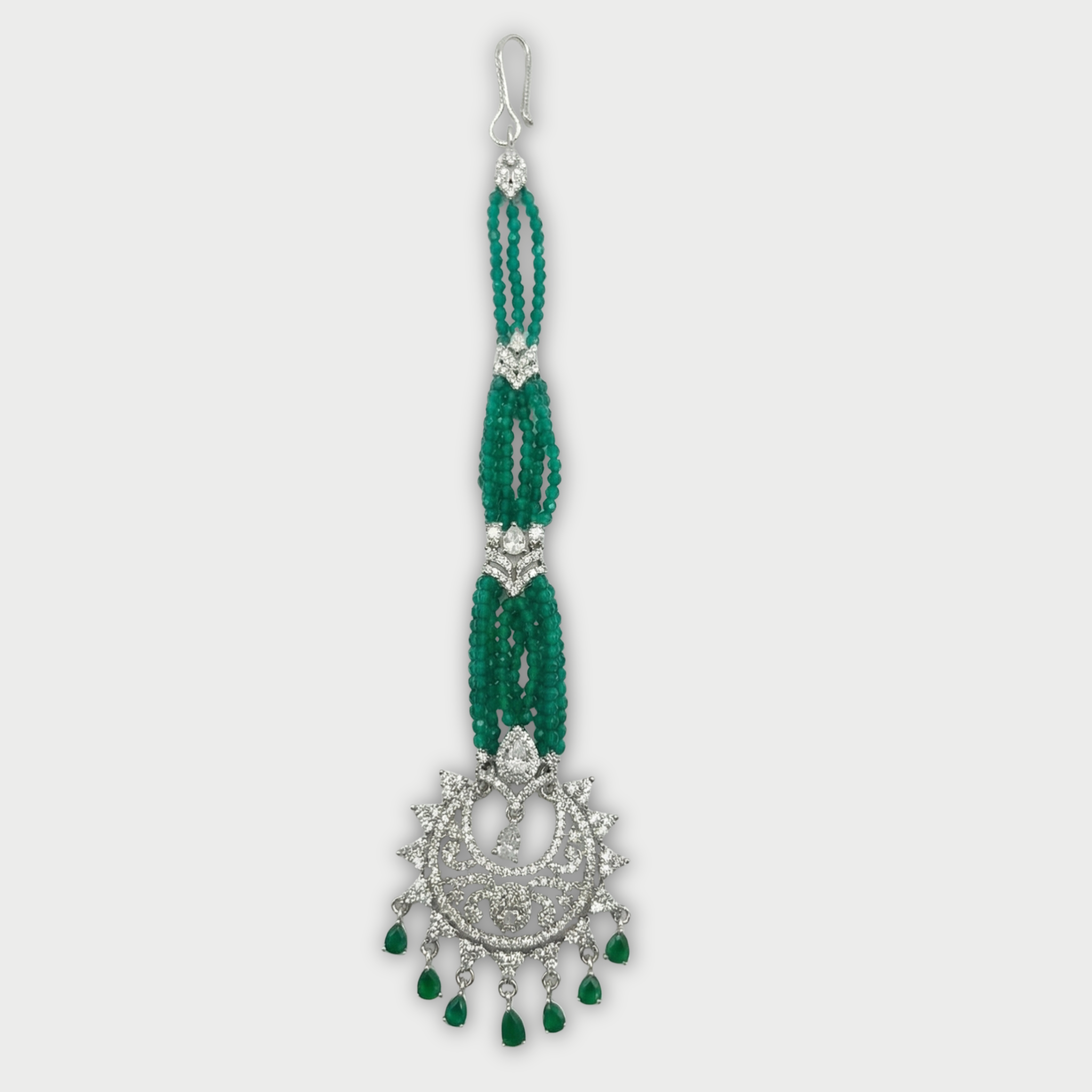 Verdant Noor Tikka silver maang tikka with emerald bead chain and sunburst crystal pendant