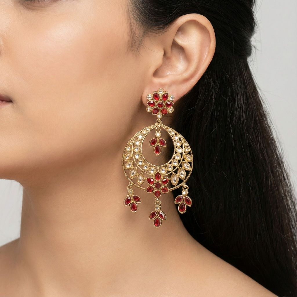 Close-up of Laal Noor Chandbali Earrings showing rich jewel-toned accents and gold-plated finish