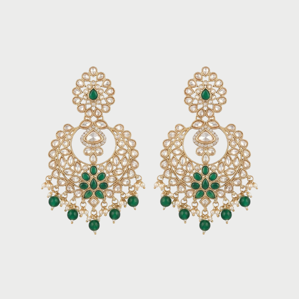 Emerald Polki Chandelier Earrings gold-plated chandelier earrings for Indian bridal and festive wear