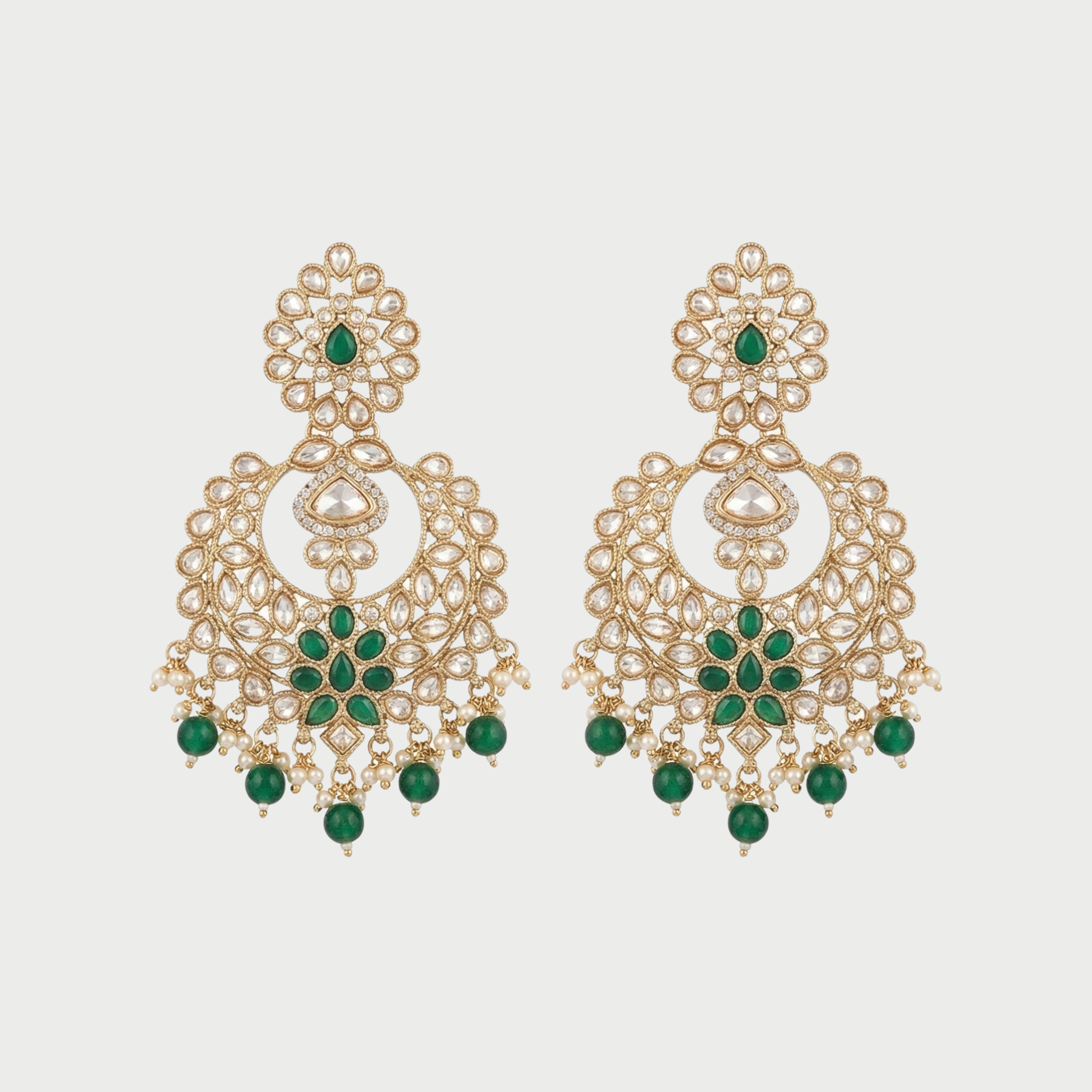 Emerald Polki Chandelier Earrings gold-plated chandelier earrings for Indian bridal and festive wear