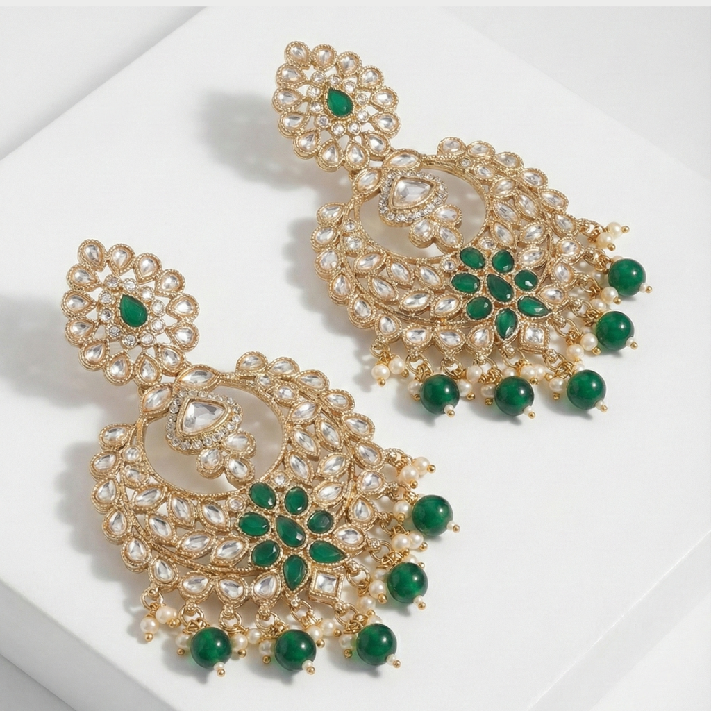 Emerald Polki Chandelier Earrings chandelier earrings photographed from another angle