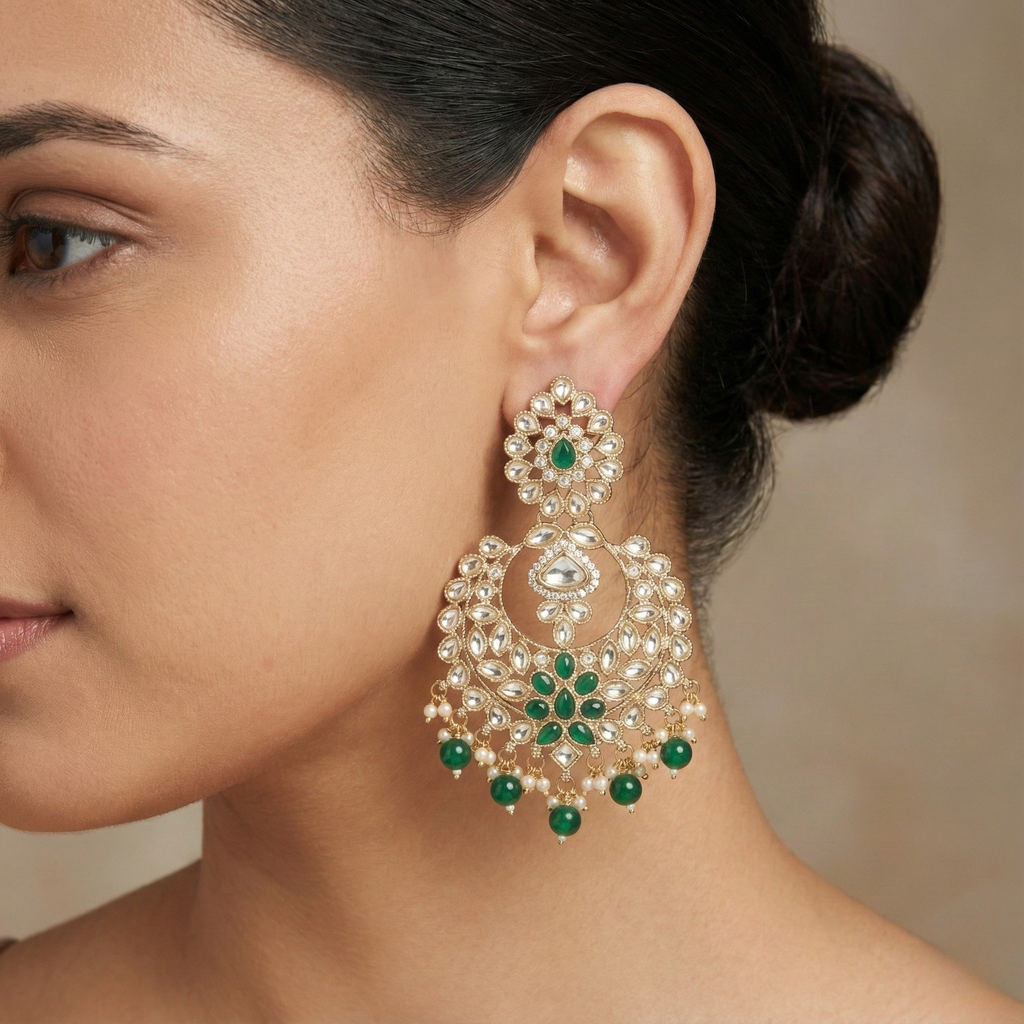 Close-up of Emerald Polki Chandelier Earrings showing green stone accents and polki stonework and gold-plated finish