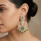 Close-up of Emerald Polki Chandelier Earrings showing green stone accents and polki stonework and gold-plated finish